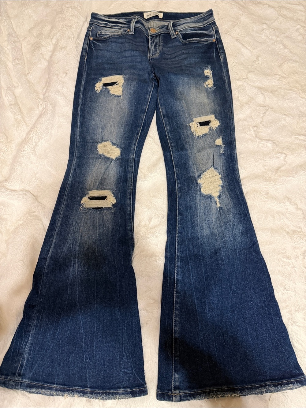 Buckle Dark Blue Distressed Flare Jeans